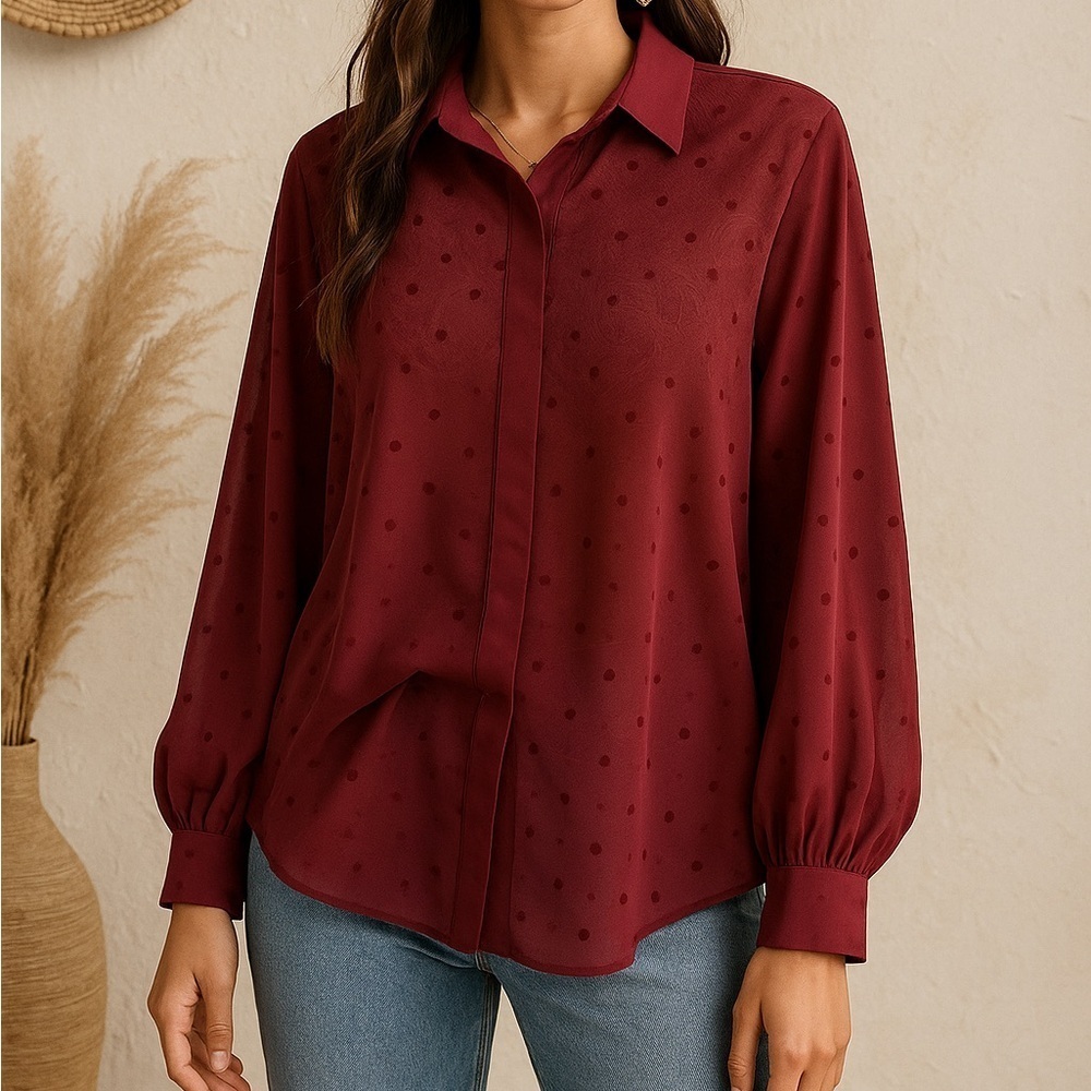 DR2 Burgundy Sheer Burnout Dot Blouse, Collared Button Front Oversized Small NWT